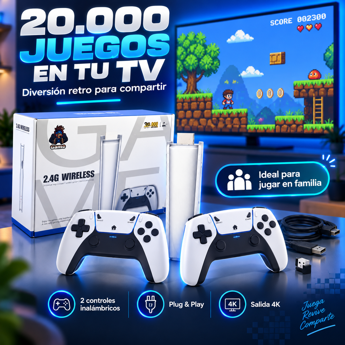Consola Retro 4K con 2 Controles | 20.000 juegos en tus manos