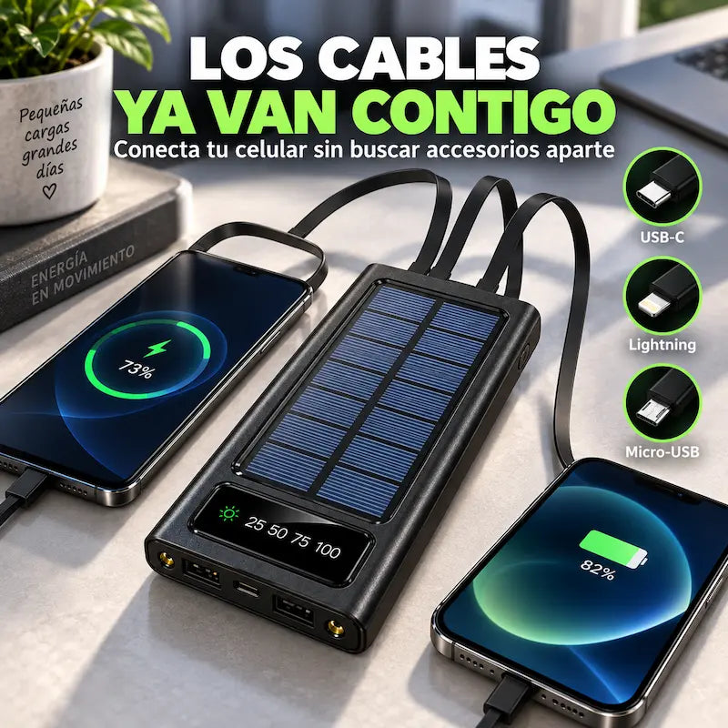 Super Power Bank Solar 10.000mAh con Cables Integrados | Energía de Respaldo Siempre Contigo