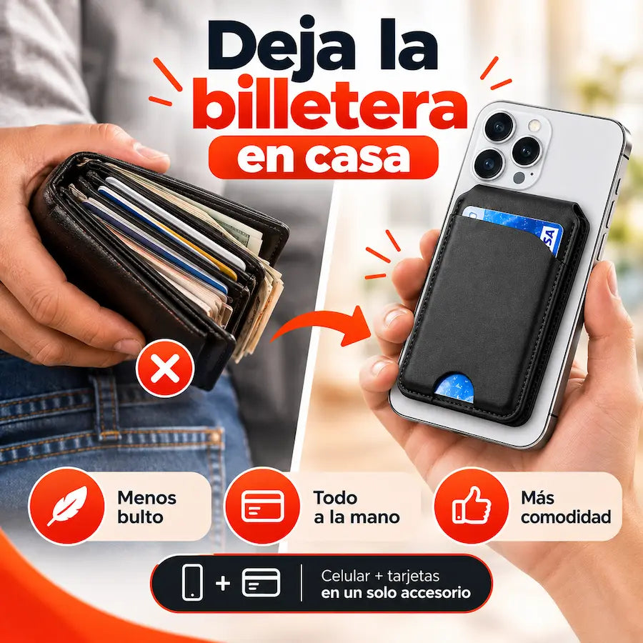 Celular con tarjetero magnético entrando en un bolsillo