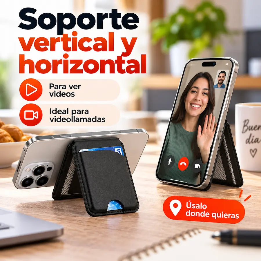 Celular apoyado con tarjetero magnético en posición vertical y horizontal