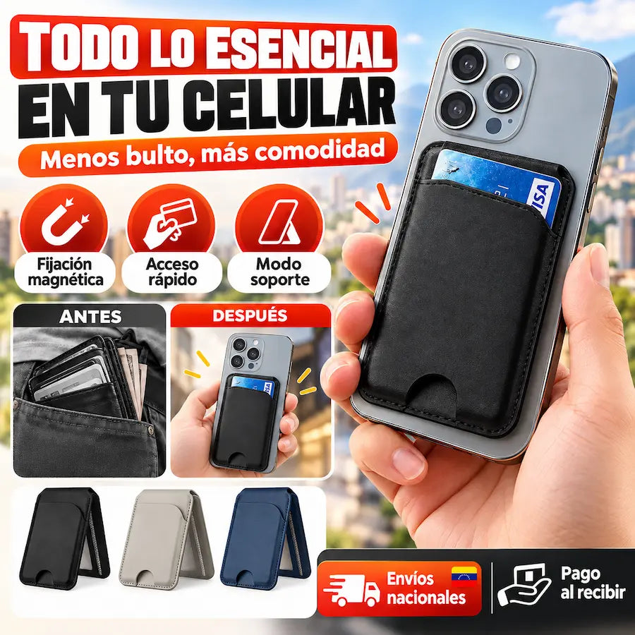 Tarjetero magnético 3 en 1 colocado en un celular