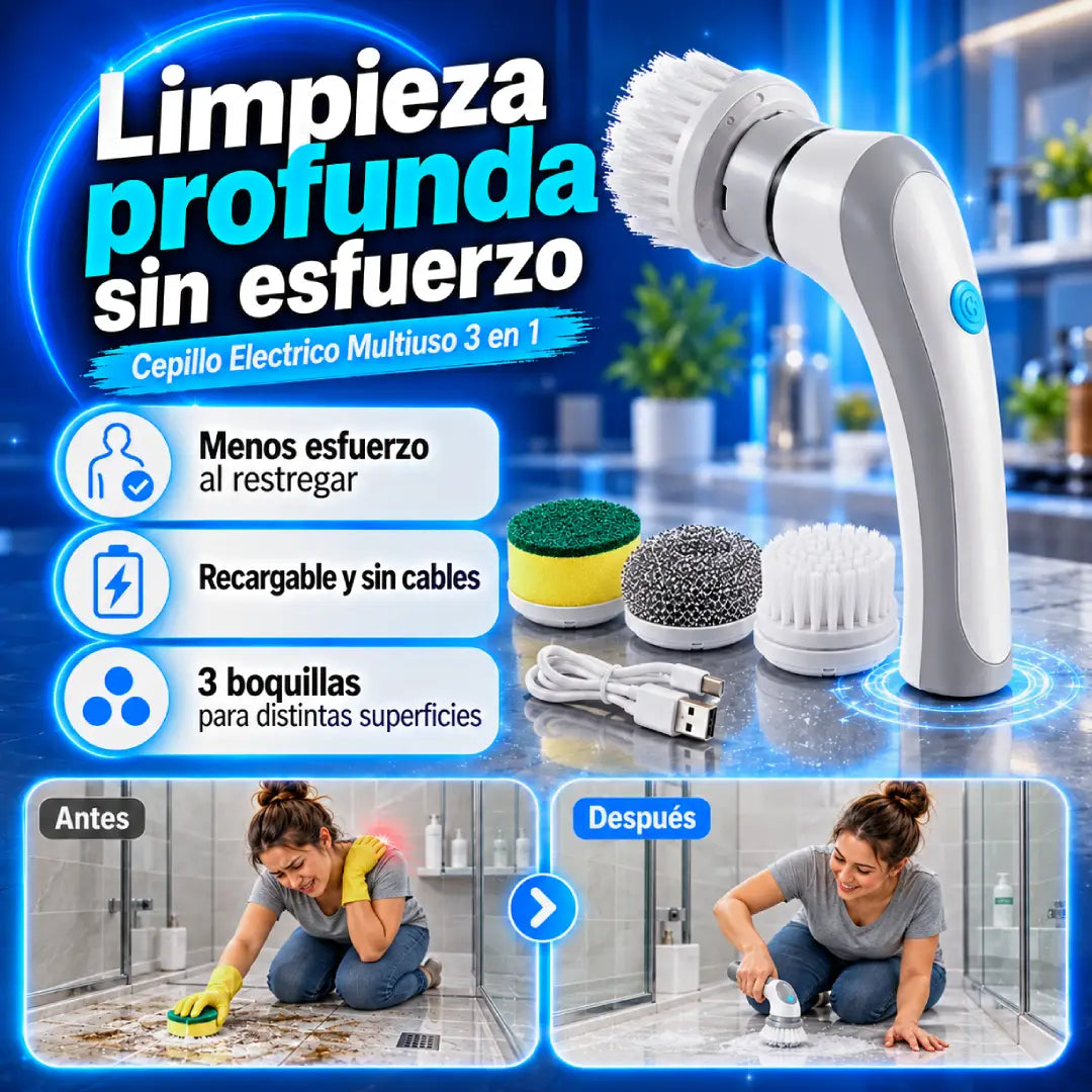 Cepillo de limpieza eléctrico portátil y recargable (3 en 1) | LIMPIEZA PROFUNDA TOTAL EN MINUTOS